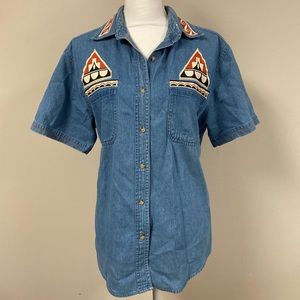 Y NOT Southwestern Aztec Denim Button Down Shirt